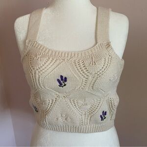Pink Rose Cream Cable Knit Crop Tank Top With Purple Floral Embroidery Sz Medium
